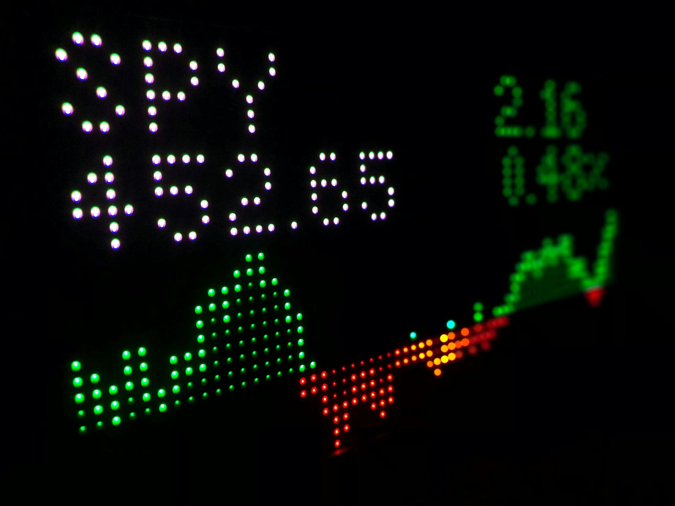 An exchange ticker in lit dots, a green trend rising.